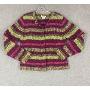 Talbots Womens Size L Snap Button Purple Green Striped Textured Sweater Cardigan